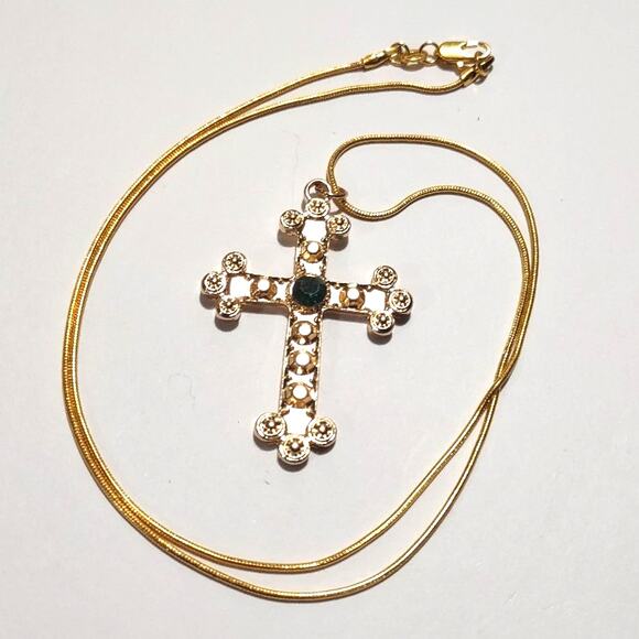 18k Gold Plated Necklace Cross Catholic Green Zircon Birthday Valentines Gift